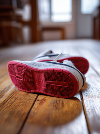 Sneakers create a squeaking sound as they move across a polished hardwood floor in a vibrant gym space bustling with energy and excitement.の素材
