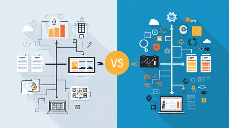 This infographic illustrates the contrasting concepts of goals and systems, showing a flat design with organized elements for clarity.の素材