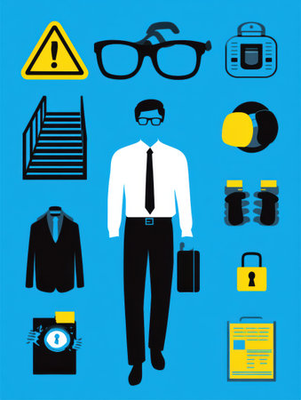 This infographic outlines essential components of a personal safety plan, focusing on workplace safety and emergency preparedness strategies.の素材