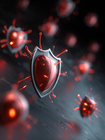 A pulsing antivirus shield is deflecting a phishing bug in a digital landscape, showing the importance of cybersecurity measures in real-time.の素材