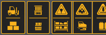This infographic showcases signboard icons for warehouse safety, emphasizing key precautions and hazard warnings for worker protection.の素材