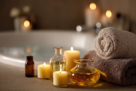 A tranquil bath setup with neatly arranged candles, aromatic oils, and a soft towel creates an inviting and soothing ambiance for relaxation and self-care.の素材