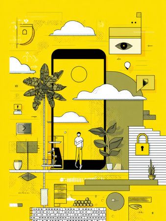 An infographic emphasizes building safe digital environments through visual representations of technology, nature, and security concepts.の素材