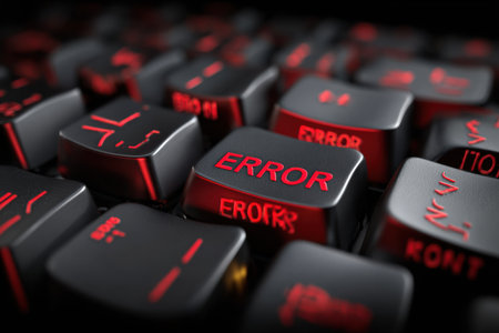 Error keys illuminated in red on a tidy keyboard, symbolizing coding challenges faced during a late-night coding session focused on software development.の素材