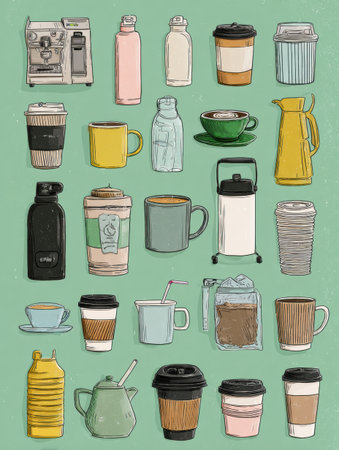 A visual guide illustrates various reusable containers and alternatives to single-use plastics commonly found in cafes, promoting eco-friendly options.の素材