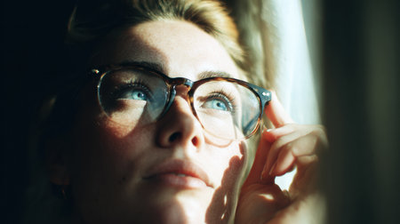 Soft daylight filters through a window as a woman holds her eyeglasses, lost in contemplation in a serene indoor environment.の素材