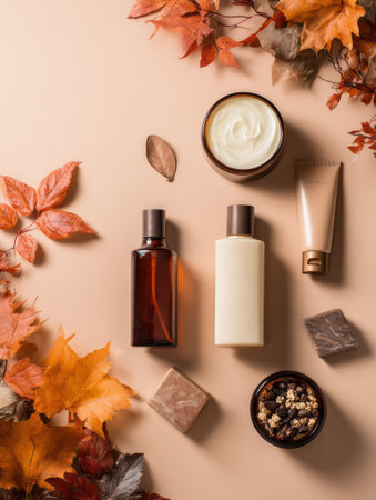 Body care products arranged on a soft tabletop surrounded by colorful autumn leaves, creating a cozy atmosphere perfect for seasonal self-care routines.の素材