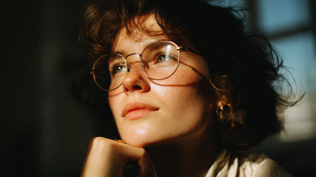 Soft daylight illuminates a woman as she holds eyeglasses thoughtfully. She gazes out near a window, creating a reflective moment of tranquility.の素材