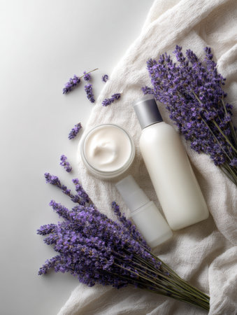 Delicate skincare products placed on a soft white cloth surrounded by sprigs of lavender, evoking a serene and soothing environment for self-care.の素材