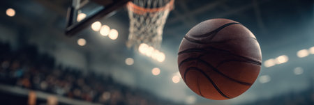 Spinning basketball floats in mid-air against blurred background in an indoor arena, showing the energy and excitement of the game moment.の素材
