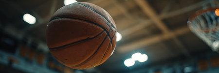 A basketball spins through the air, showing its texture and detail while the backdrop remains blurred, emphasizing the motion and excitement of the game.の素材