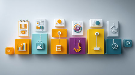 Infographic shows content marketing stages, using icons and arrows to guide viewers from planning to distribution in a sleek design.の素材