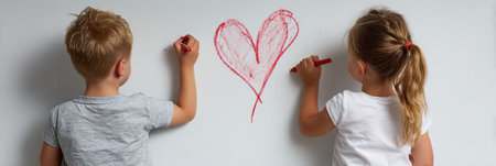 Children actively draw a large red heart on a clean whiteboard, showcasing their creativity during a fun classroom activity focused on art and expression.の素材