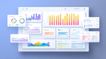 Infographic highlights a modern KPI dashboard with charts, graphs, and data visualizations for performance tracking, plus note space.の素材