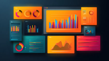 This infographic presents a modern KPI dashboard featuring colorful charts and graphs, providing an effective layout for data analysis and notes.の素材