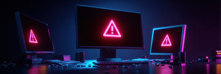 A desktop setup shows multiple warning popups stacking over screens in a dimly lit area, highlighting a possible security breach or hack.の素材