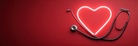 A stethoscope is wrapped around a glowing heart icon, set against a vibrant red background, with ample space for additional text or graphics above.の素材