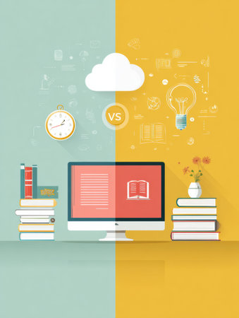 Graphic showcases the differences between traditional classrooms and online learning, emphasizing efficiency and accessibility in a clean and modern design.の素材