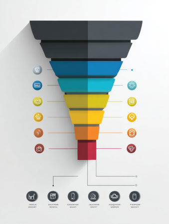 Infographic showcases the sales pipeline stages using a funnel diagram, featuring distinct icons for each stage and a minimalistic corporate color palette.の素材