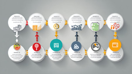 Visual representation of content marketing strategy steps, showcasing planning, creation, and distribution phases using modern design with icons and arrows.の素材