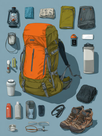 Learn how to pack a backpack for a weekend trail with this infographic that illustrates the best items to include for comfort and convenience outdoors.の素材