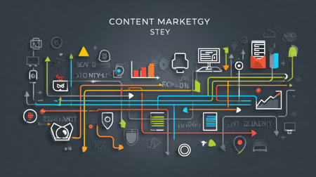 Content marketing strategy steps are illustrated through colorful icons and arrows that represent the journey from planning to distribution in a clean layout.の素材