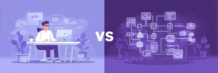 This infographic illustrates the contrast between goals and systems, showing a flat workflow design for enhanced task management and efficiency.の素材