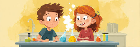 Children engage in exciting DIY science experiments at home, colorful mixing liquids, and discovering scientific principles through hands-on activities.の素材