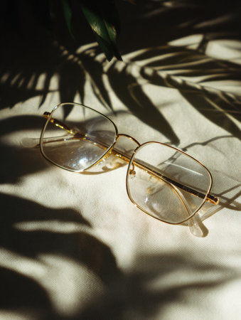 A pair of fashionable glasses lies elegantly on a smooth surface, highlighted by delicate shadows from nearby plants under bright daylight.の素材