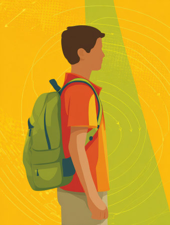 Guidance on how to safely wear a backpack, highlighting proper posture techniques for students engaging in daily activities and maintaining comfort.の素材