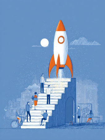 Visual representation of steps to launch a small business featuring inclusive design elements. The infographic illustrates diverse characters and activities.の素材