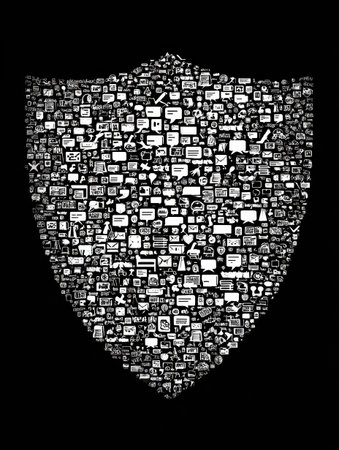 A collage of supportive messages creates a shield symbol, symbolizing unity and strength in the digital age, set against a dark background.の素材