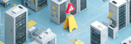 A server room illustration features neatly arranged racks and a prominent privacy alert icon, highlighting security protocols.の素材