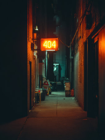 In a dark alley, a flickering neon 404 sign casts a soft glow, illuminating the surroundings while creating an intriguing urban ambiance at night.の素材