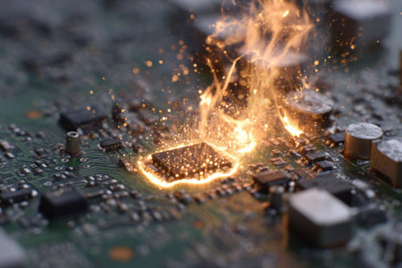 Sparks erupt from a malfunctioning microchip on a circuit board, revealing critical hardware failure and potential electrical hazards in technology today.の素材