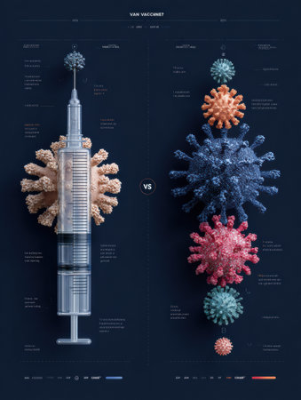 Infographic shows differences between traditional and mRNA vaccines, highlighting their structures, mechanisms, and immune response effectiveness.の素材