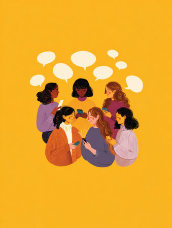 Group of friends engages in conversation, sharing thoughts and using mobile devices, highlighting effective communication techniques in a vibrant setting.の素材