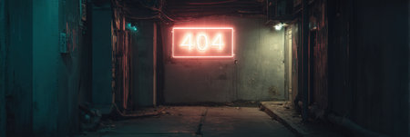 In a dimly lit alley, a neon sign flickers softly, displaying the number 404, casting an eerie glow on the surrounding walls and pavement.の素材