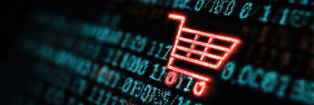 Visual representation of malware that appears as an e-commerce order summary featuring a digital cart symbol and binary code background.の素材