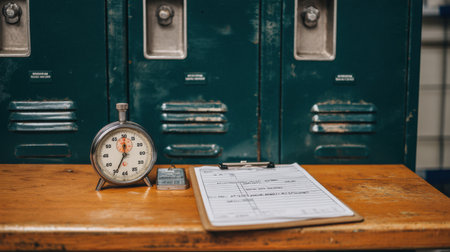 A whistle, stopwatch, and clipboard are arranged neatly on a wooden locker room bench, indicating readiness for sports practices and events.の素材