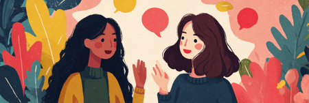 Two friends engage in a friendly conversation surrounded by colorful plants and speech bubbles, illustrating ways to connect and reach out to others positivelyの素材
