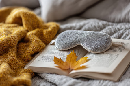 A warm setting features a sleeping mask resting on an open book surrounded by soft bedding and autumn hues, perfect for a peaceful reading experience.の素材