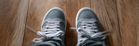 Soft rubber soles create a squeaking sound as the sneakers move across the smooth hardwood surface, capturing the energy of movement in a close-up viewの素材