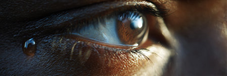 Close-up of a human eye showing a tear droplet on the surface, highlighted by soft cinematic lighting that enhances details and textures.の素材