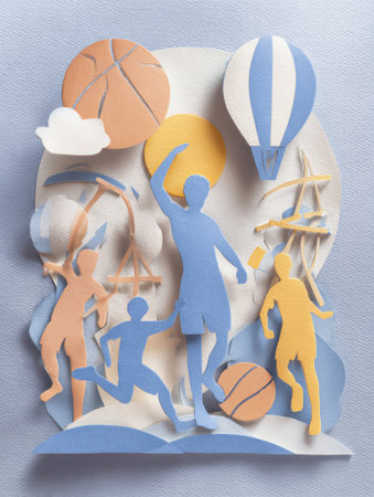 Vibrant paper cutout art features basketball players in action, blended with whimsical balloons and clouds, capturing March Madness spirit.の素材