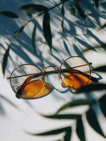 A pair of elegant glasses lies on a smooth surface, casting soft shadows from surrounding foliage, creating a tranquil atmosphere perfect for relaxation.の素材