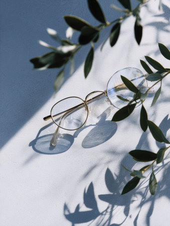 Chic glasses rest on a light-colored flat surface, adorned with shadows from nearby foliage, creating a serene and contemporary atmosphere.の素材