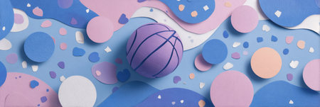 March Madness themed artwork showcases a colorful basketball surrounded by pastel cutouts and abstract shapes, creating an engaging and playful atmosphere.の素材