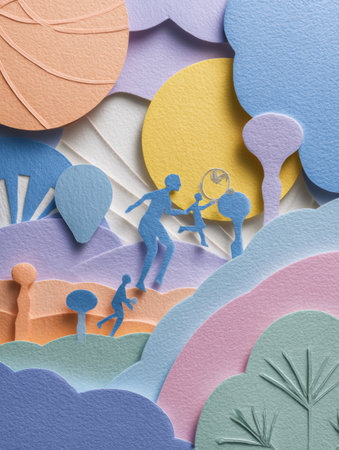 A colorful cutout illustration depicts a joyful March Madness theme with dynamic basketball figures against a whimsical pastel background.の素材