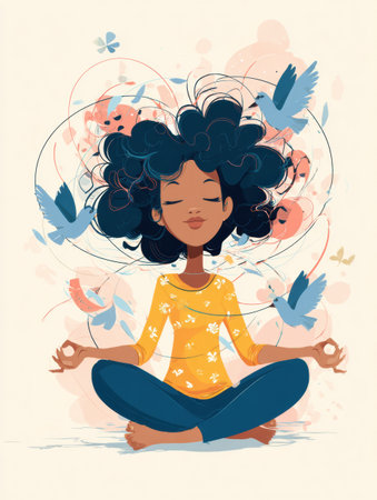 A young woman sits peacefully in a meditative pose surrounded by colorful birds and floral elements, embodying mindfulness and cultural awareness.の素材